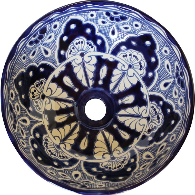 TalaMex Small Blue Ceramic Talavera Mexican Vessel Sink Close-Up