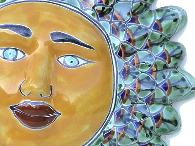 TalaMex Green Peacock Small Talavera Ceramic Sun Face Close-Up