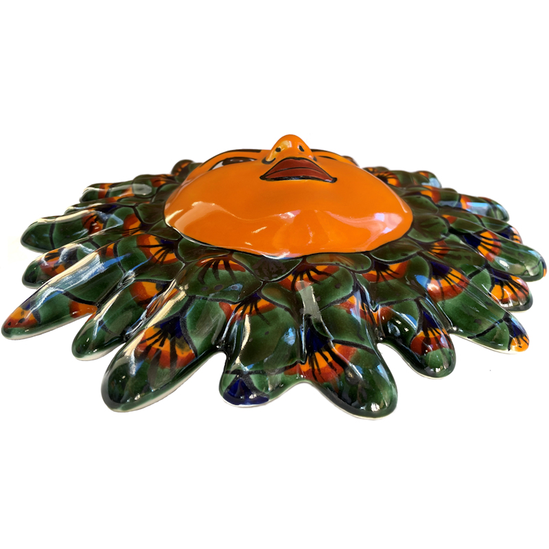 TalaMex Medium-Sized Green Peacock Talavera Ceramic Sun Face Close-Up