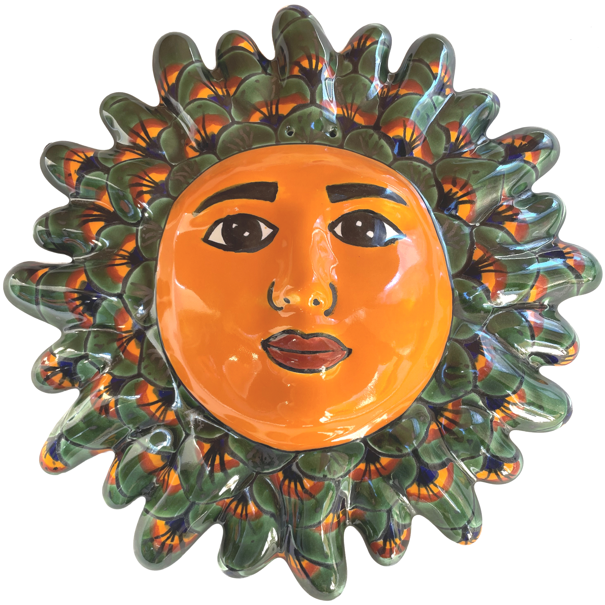 TalaMex Medium-Sized Green Peacock Talavera Ceramic Sun Face