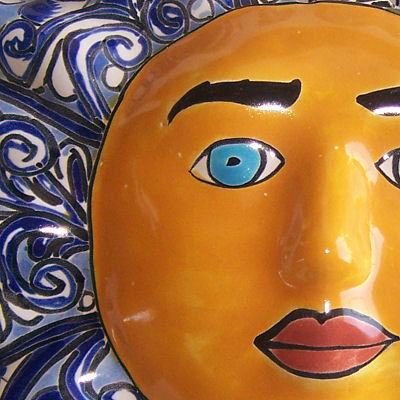 TalaMex Medium-Sized Blue Mexican Talavera Ceramic Sun Face Close-Up