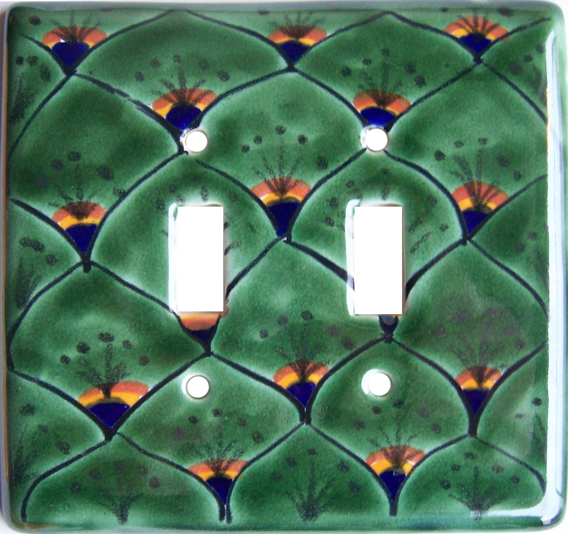 TalaMex Green Peacock Double Toggle Mexican Talavera Ceramic Switch Plate