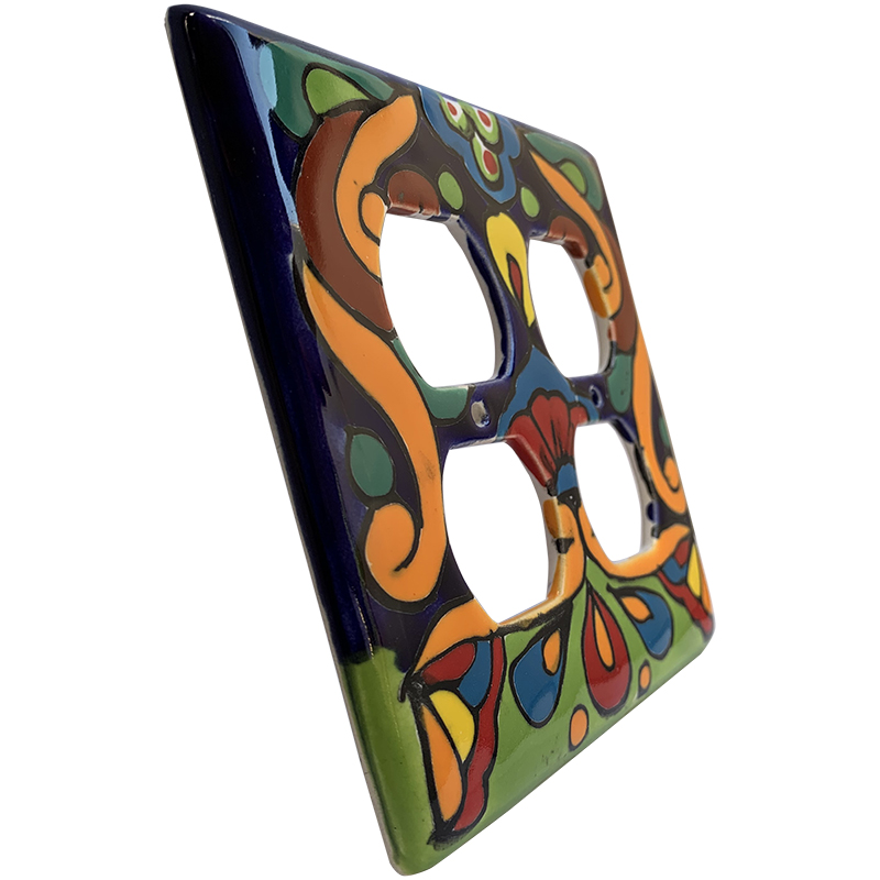 TalaMex Rainbow Double Outlet Mexican Talavera Ceramic Switch Plate Close-Up