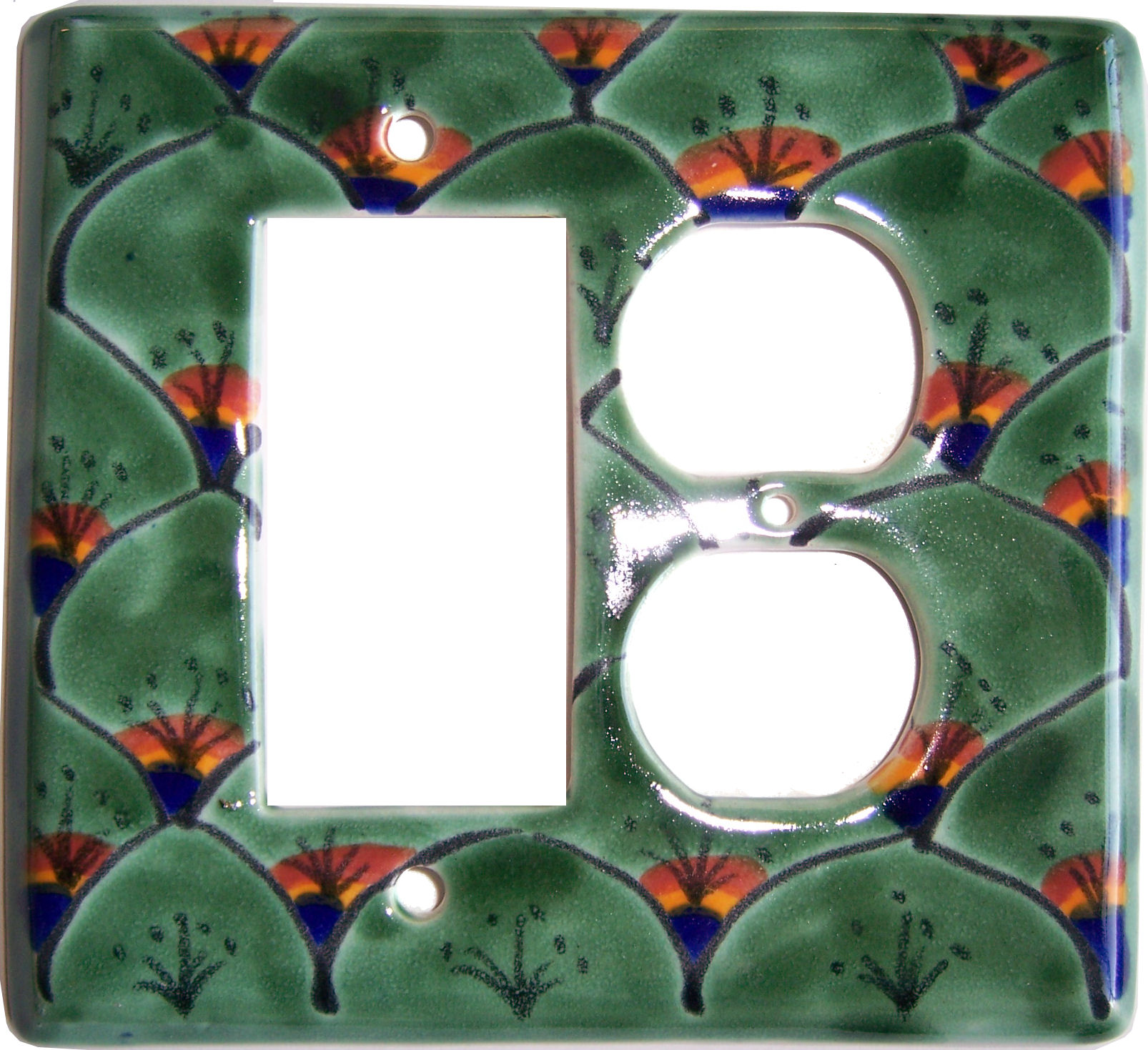 TalaMex Green Peacock GFI/Rocker-Outlet Mexican Talavera Ceramic Switch Plate