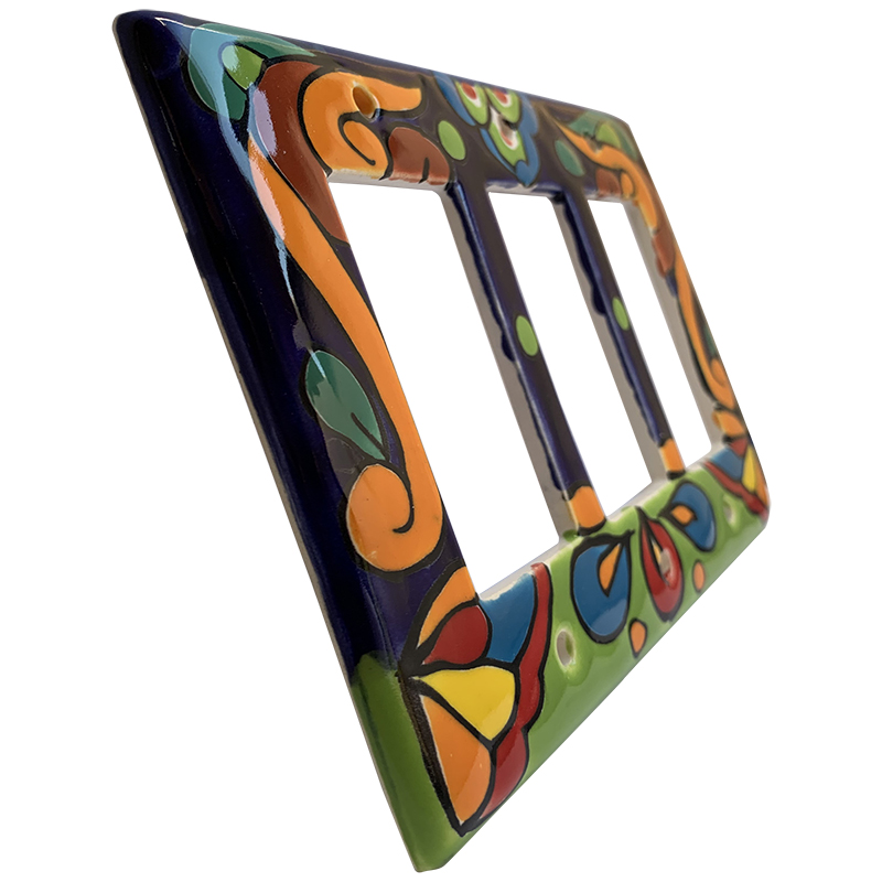 TalaMex Rainbow Triple GFI/Rocker Mexican Talavera Ceramic Switch Plate Close-Up