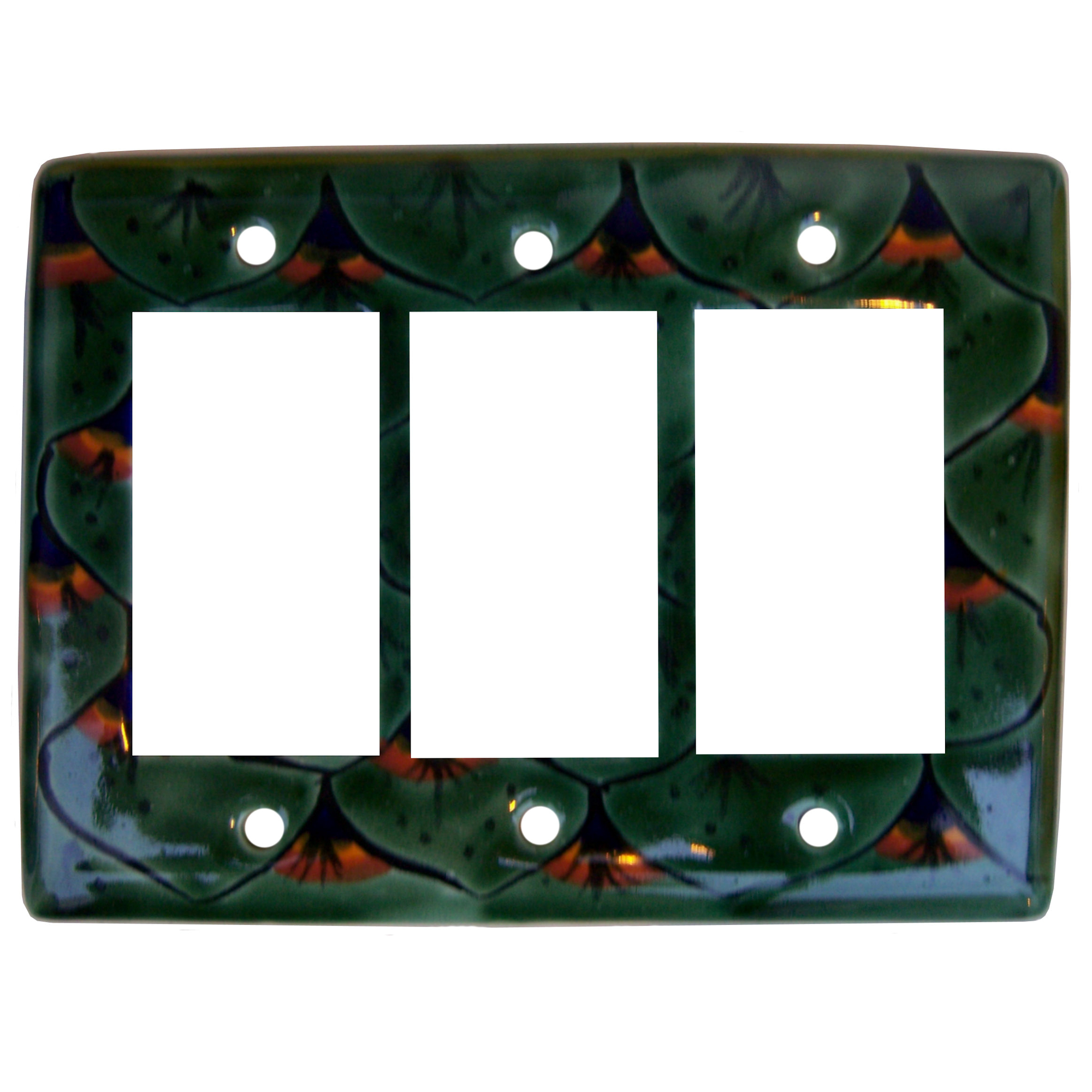 TalaMex Green Peacock Triple GFI/Rocker Mexican Talavera Ceramic Switch Plate