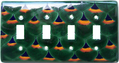 TalaMex Green Peacock Quadruple Toggle Mexican Talavera Ceramic Switch Plate