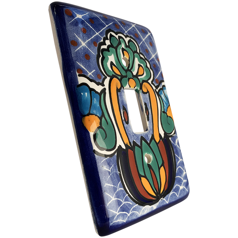 TalaMex Blue Mesh Single Toggle Mexican Talavera Ceramic Switch Plate Close-Up