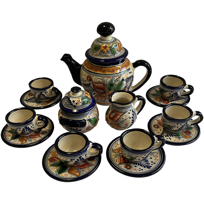 TalaMex Tecali Handmade Multicolor Mexican Talavera Ceramic Tea Serving Set Close-Up