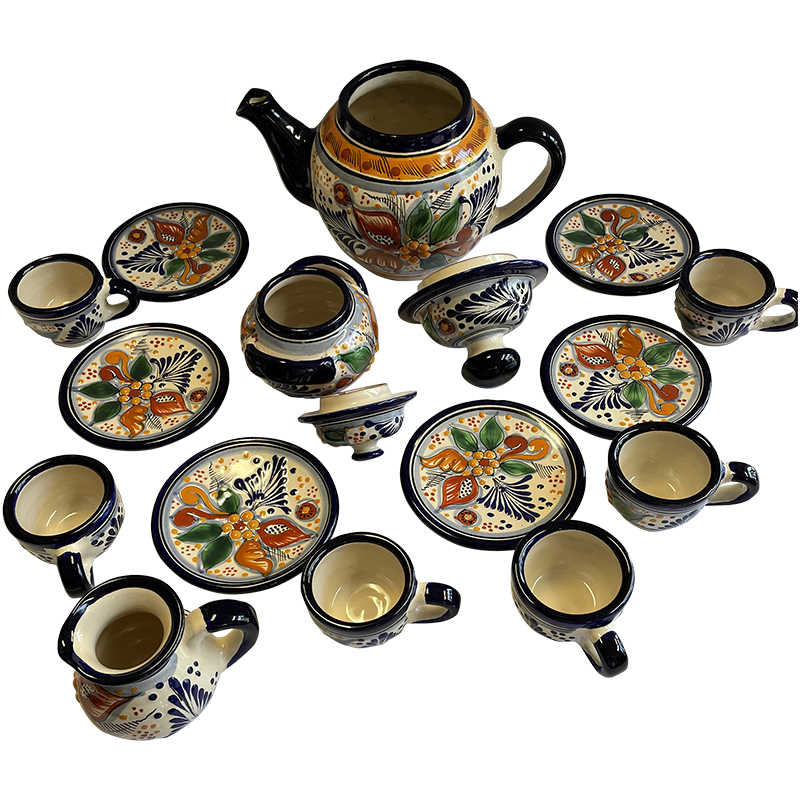 TalaMex Tecali Handmade Multicolor Mexican Talavera Ceramic Tea Serving Set Details