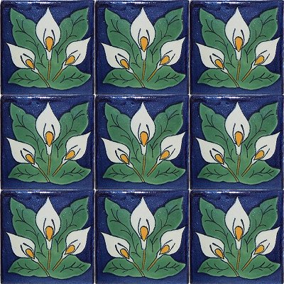 TalaMex Three-Lily Talavera Ceramic Tile Close-Up