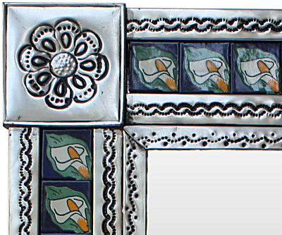 TalaMex Medium Silver Lily Mexican Talavera Tile Mirror Close-Up