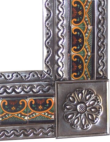 TalaMex Big Silver Greca C Mexican Tile Mirror Close-Up