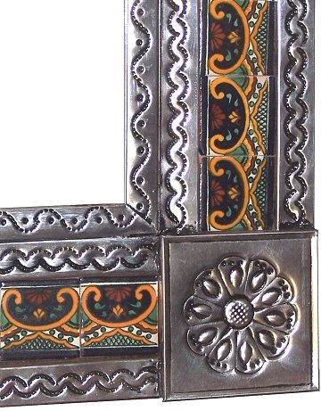 TalaMex Medium Silver Greca C Mexican Tile Mirror Close-Up
