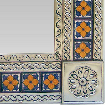 TalaMex Medium Silver Marigold Tile Talavera Tin Mirror Close-Up