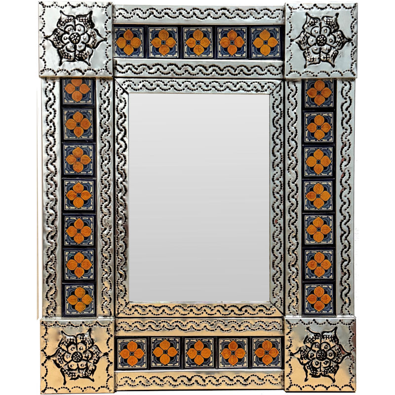 TalaMex Small Silver Marigold Tile Talavera Tin Mirror