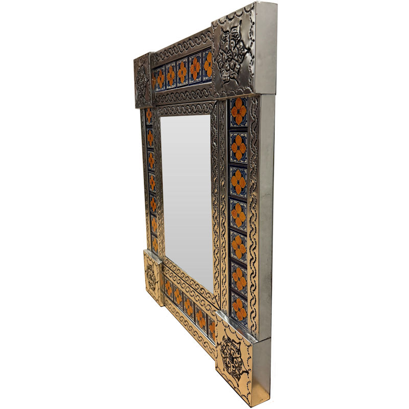 TalaMex Small Silver Marigold Tile Talavera Tin Mirror Close-Up