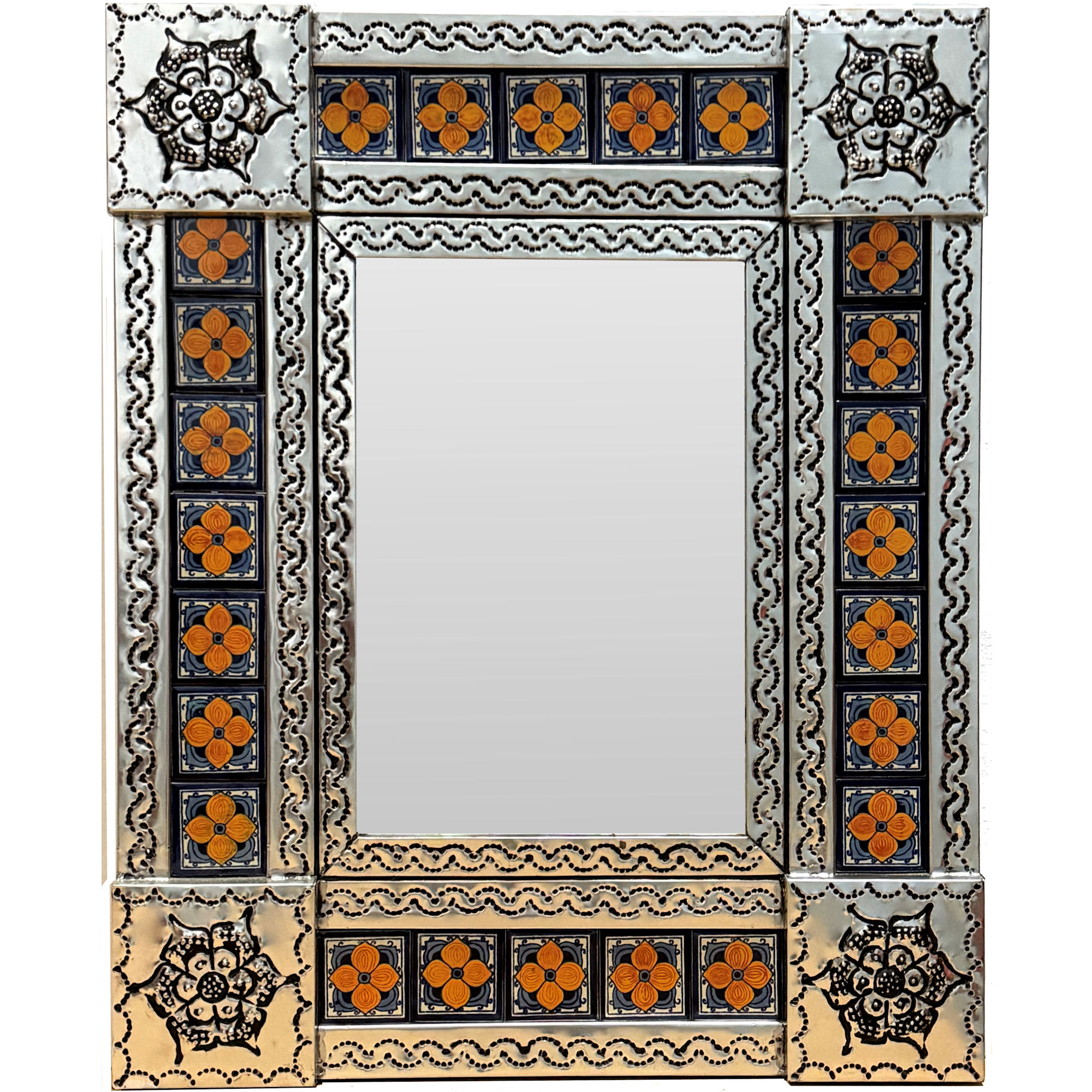 TalaMex Small Silver Marigold Tile Talavera Tin Mirror