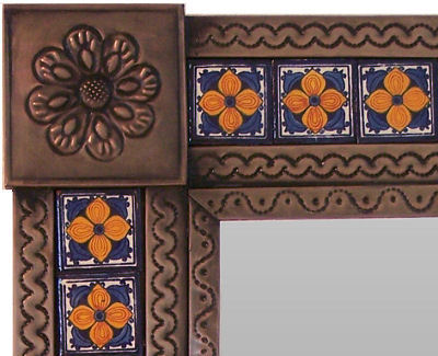 TalaMex Small Brown Orange Flower Tile Talavera Tin Mirror Close-Up