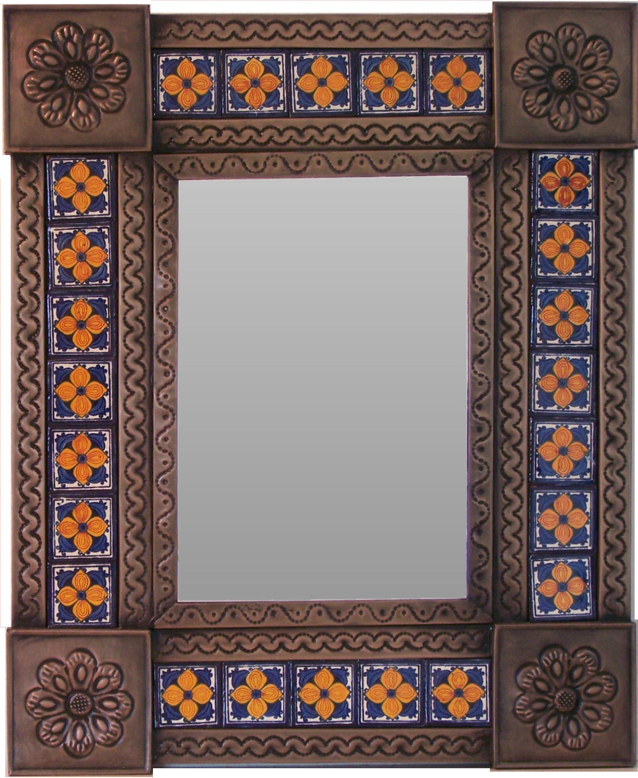 TalaMex Small Brown Orange Flower Tile Talavera Tin Mirror