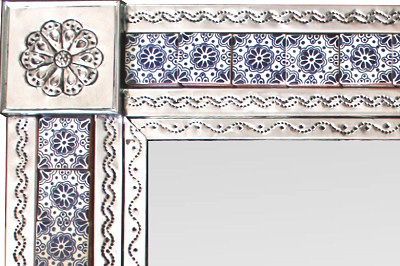 TalaMex Big Silver Bouquet Talavera Tin Mirror Close-Up