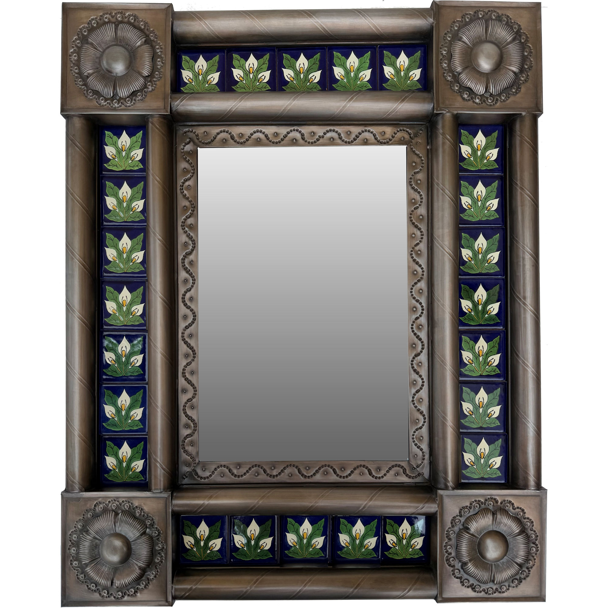 TalaMex Post Small Brown Three-Lily Tile Mexican Mirror