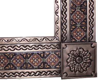 TalaMex Big Brown Grenada Tile Talavera Tin Mirror Close-Up