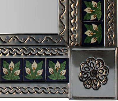 TalaMex Medium Brown Three-Lily Mexican Talavera Tile Mirror Close-Up