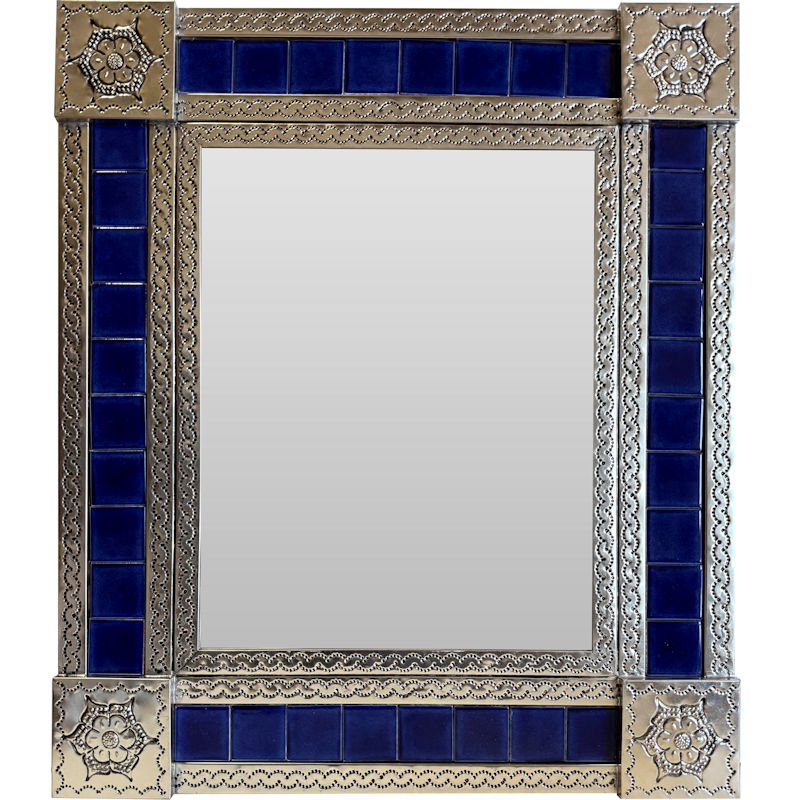 Medium Silver Blue Tile Talavera Tin Mirror