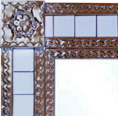 TalaMex Medium Silver Pure White Tile Mexican Mirror Close-Up