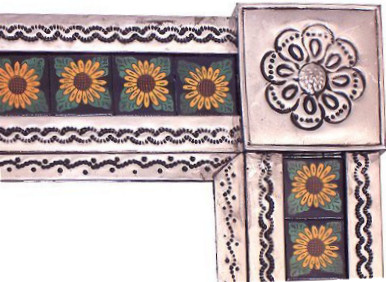 TalaMex Medium Silver Sunflower Tile Talavera Tin Mirror Close-Up