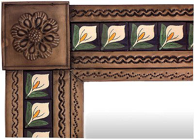 TalaMex Big Brown Lily Tile Talavera Tin Mirror Close-Up