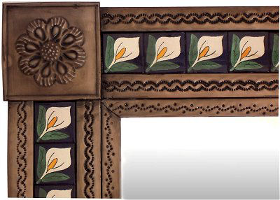 TalaMex Medium Brown Lily Tile Talavera Tin Mirror Close-Up