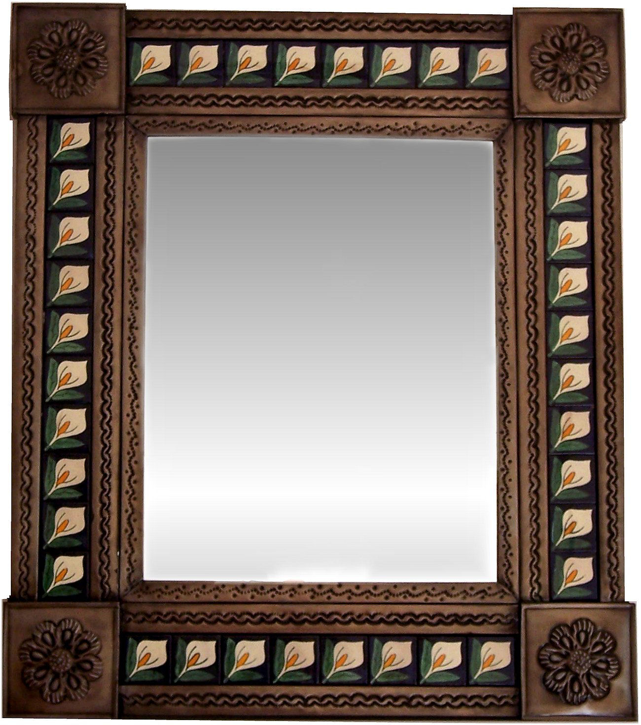 TalaMex Medium Brown Lily Tile Talavera Tin Mirror