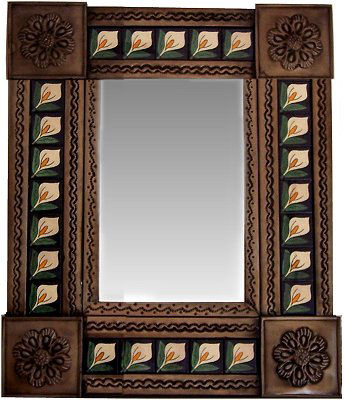 TalaMex Small Brown Lily Tile Talavera Tin Mirror