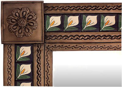 TalaMex Small Brown Lily Tile Talavera Tin Mirror Close-Up