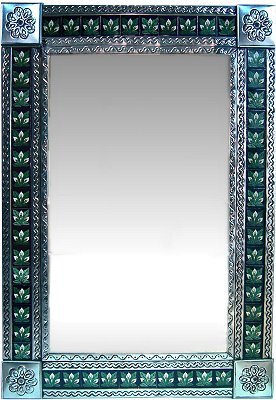 TalaMex Big Silver 3-Lily Tile Talavera Tin Mirror
