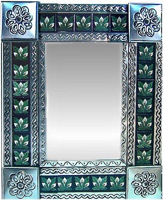 TalaMex Small Silver 3-Lily Tile Talavera Tin Mirror
