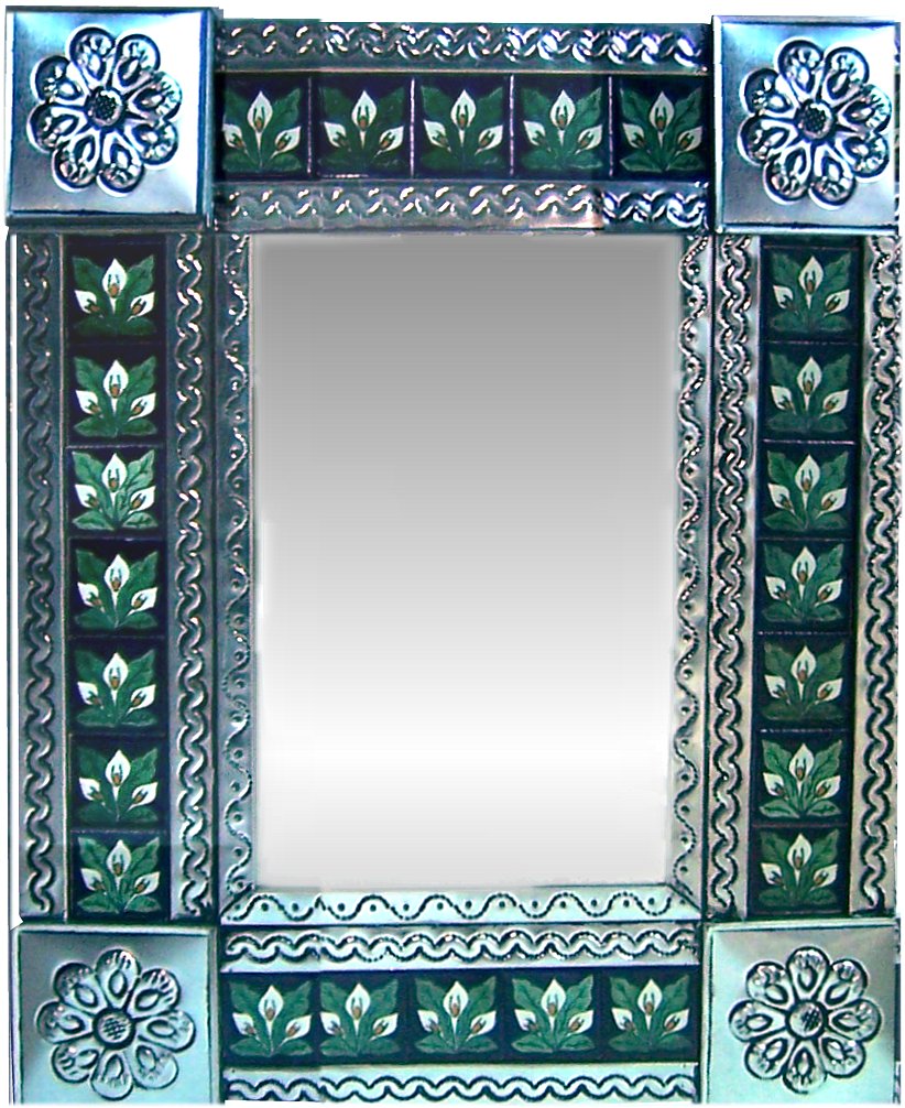 TalaMex Small Silver 3-Lily Tile Talavera Tin Mirror