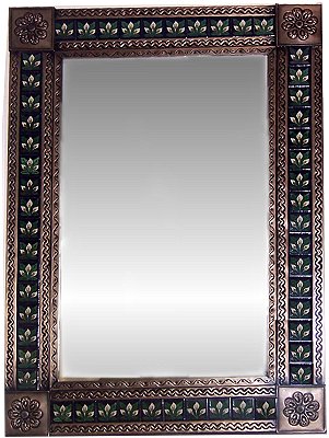 TalaMex Big Brown Three-lily Tile Talavera Tin Mirror