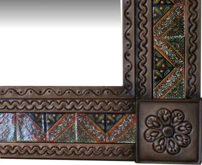 TalaMex Big Brown Morelia Tile Talavera Tin Mirror Close-Up