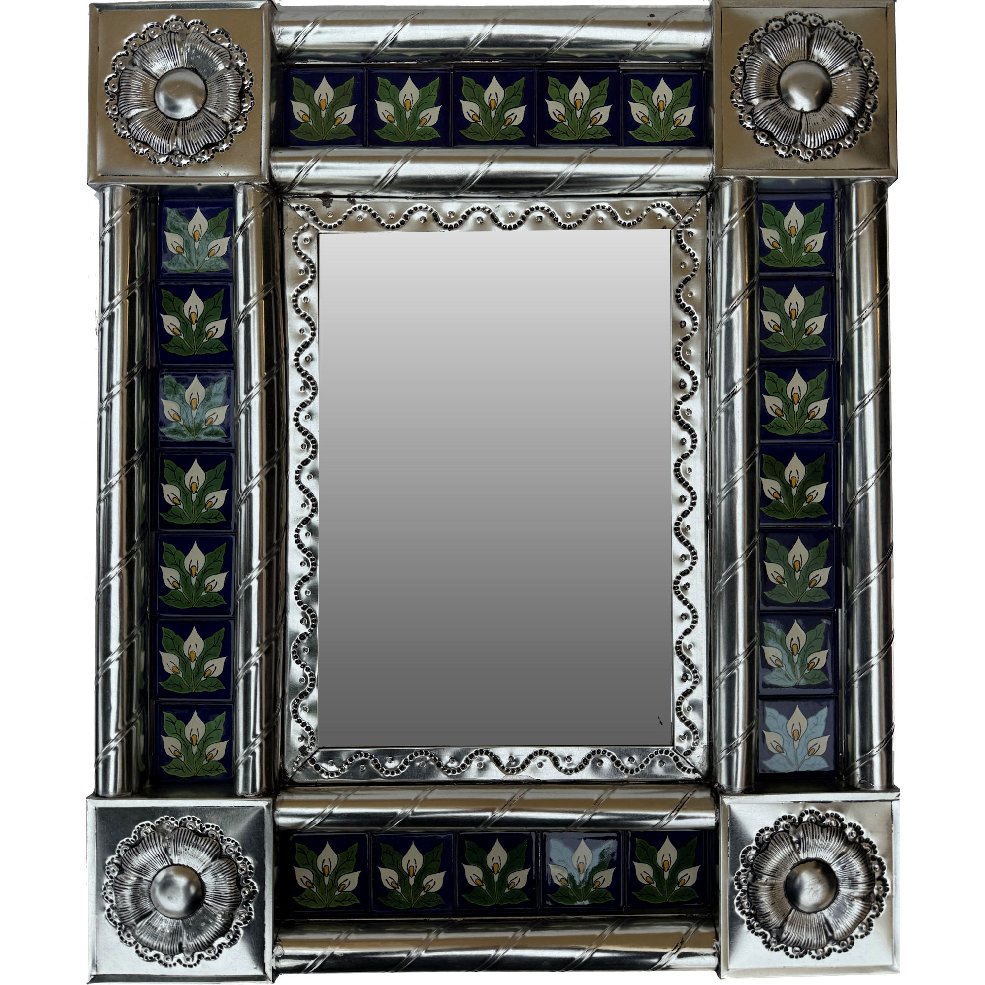 Post Small Silver Three-Lily Tile Mexican Mirror