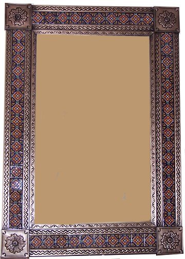 TalaMex Big Brown Granada Tile Talavera Tin Mirror