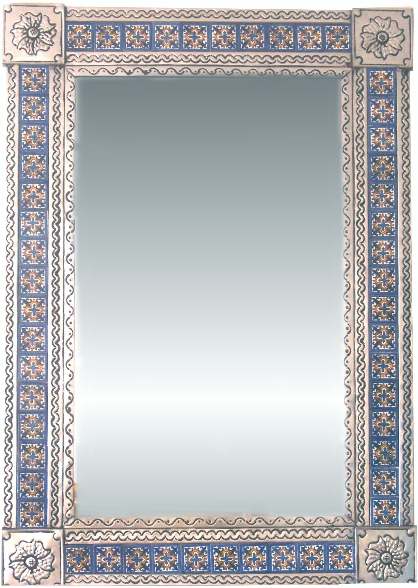 TalaMex Big Silver Escudo Talavera Tile Tin Mirror