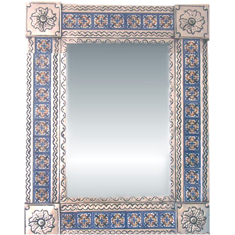 TalaMex Medium Silver Escudo Talavera Tile Tin Mirror