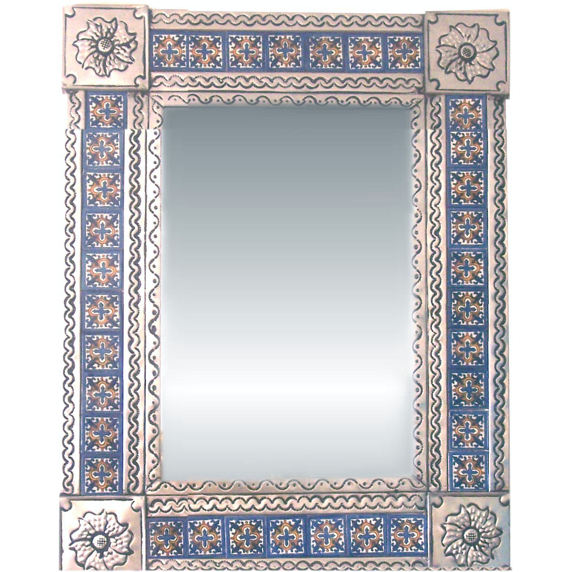 TalaMex Medium Silver Escudo Talavera Tile Tin Mirror