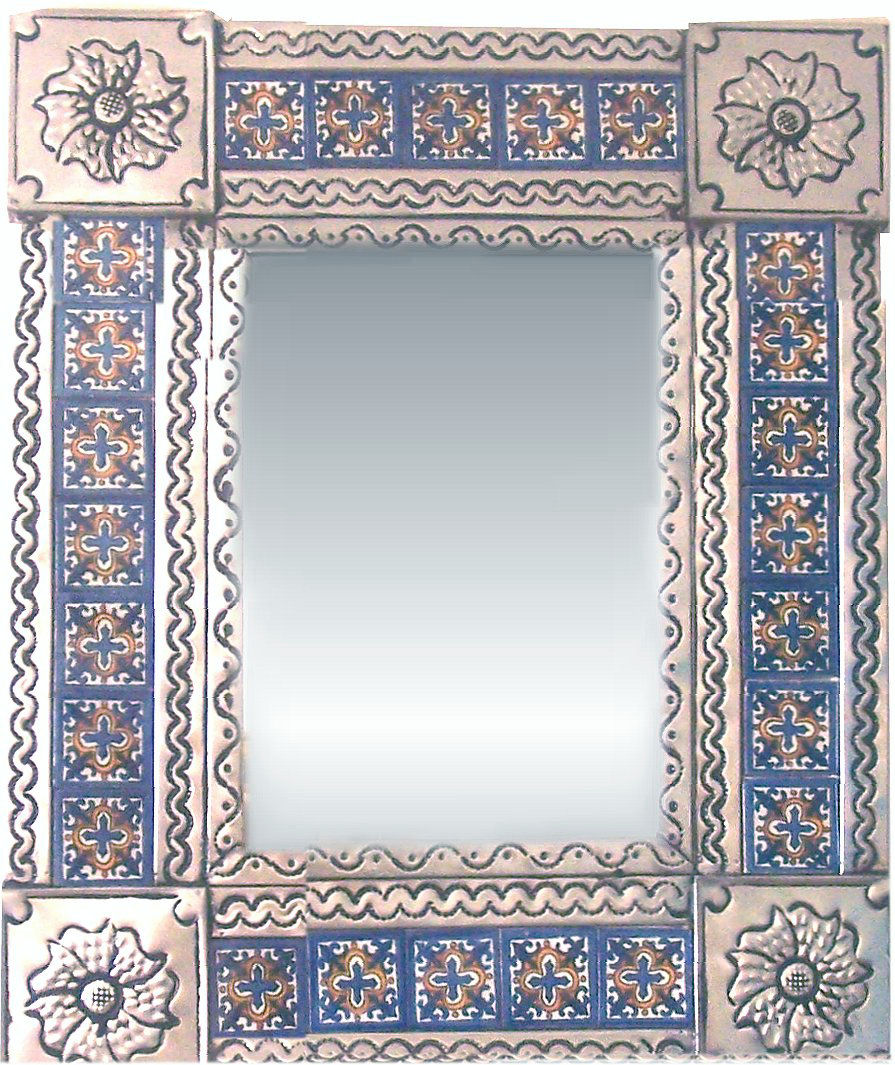 TalaMex Small Silver Escudo Talavera Tile Tin Mirror