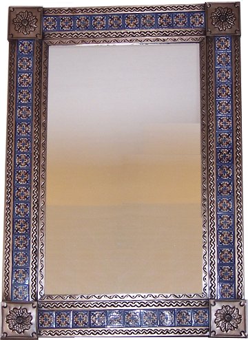 TalaMex Big Brown Escudo Talavera Tile Tin Mirror