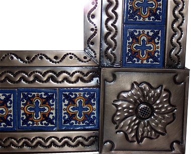 TalaMex Big Brown Escudo Talavera Tile Tin Mirror Close-Up