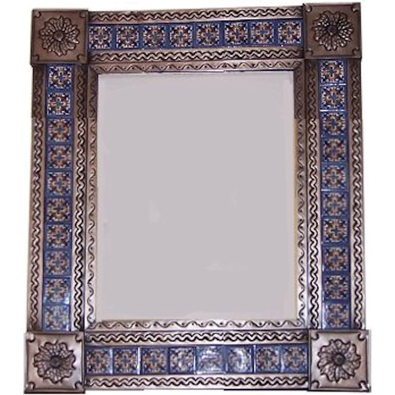 TalaMex Medium Brown Escudo Talavera Tile Tin Mirror